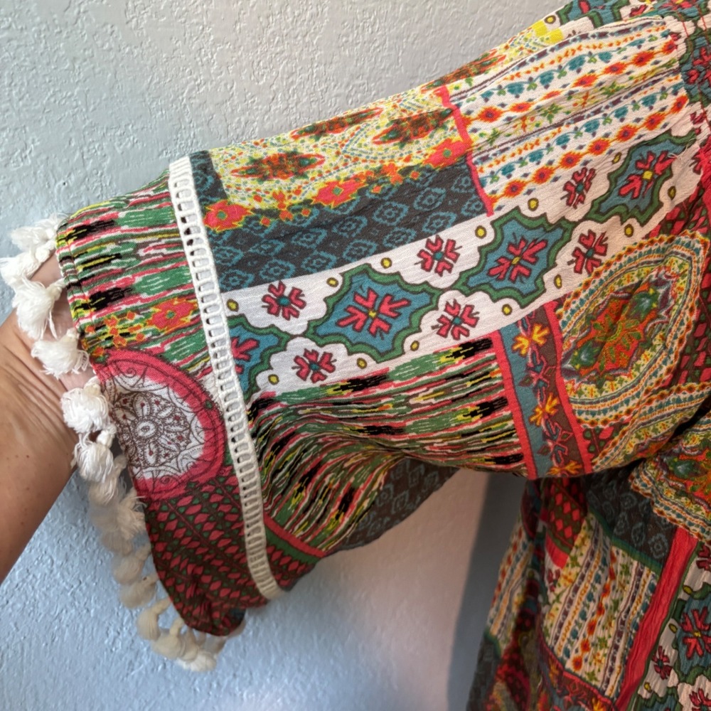 Ali Miles Patchwork Paisley Pom Pom Trim Flutter Sleeve Multicolor Print Top XL - Picture 7 of 16